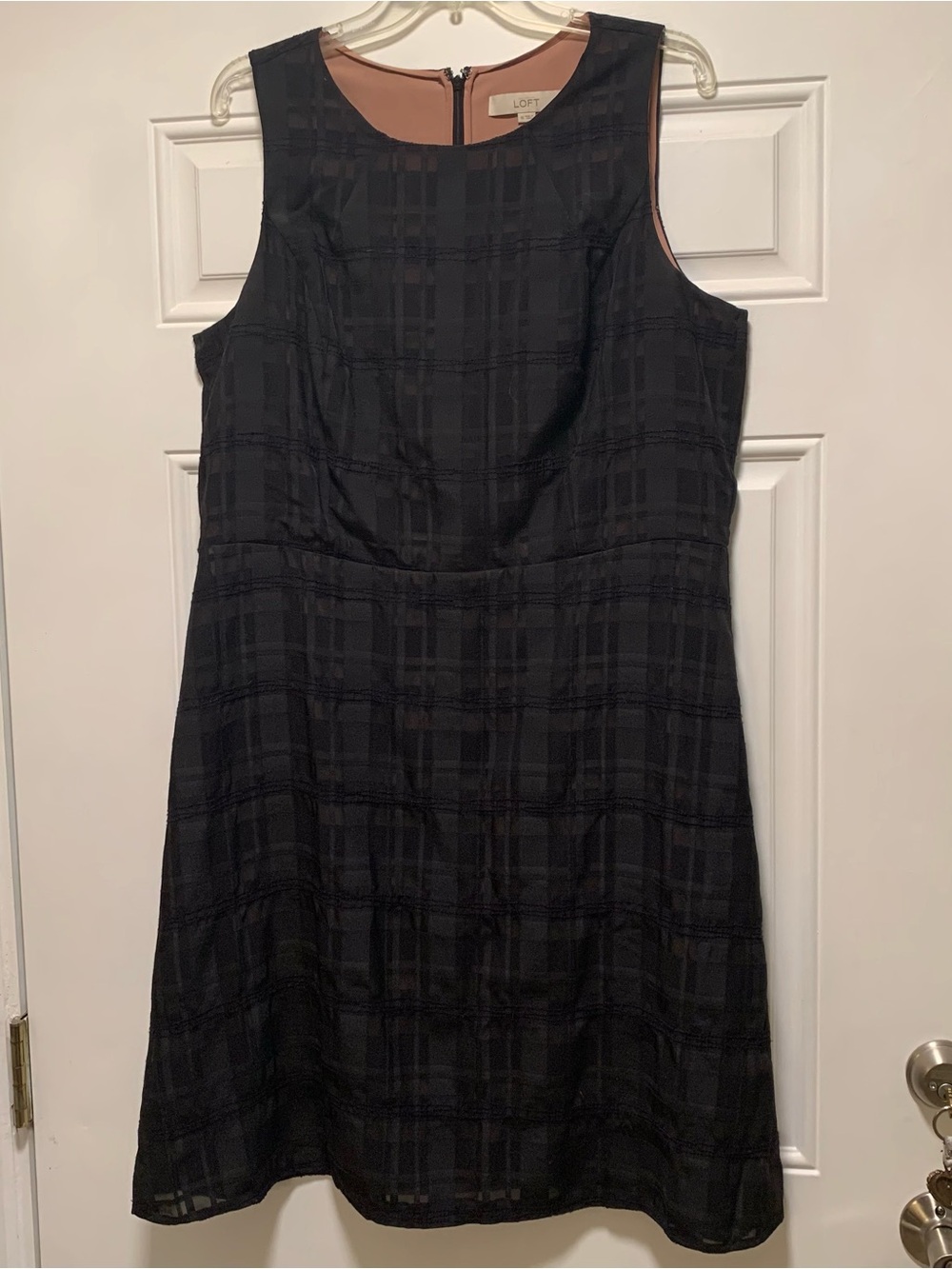 LOFT Black Plaid Sleeveless Sheath Dress with Tan Lining Accent
